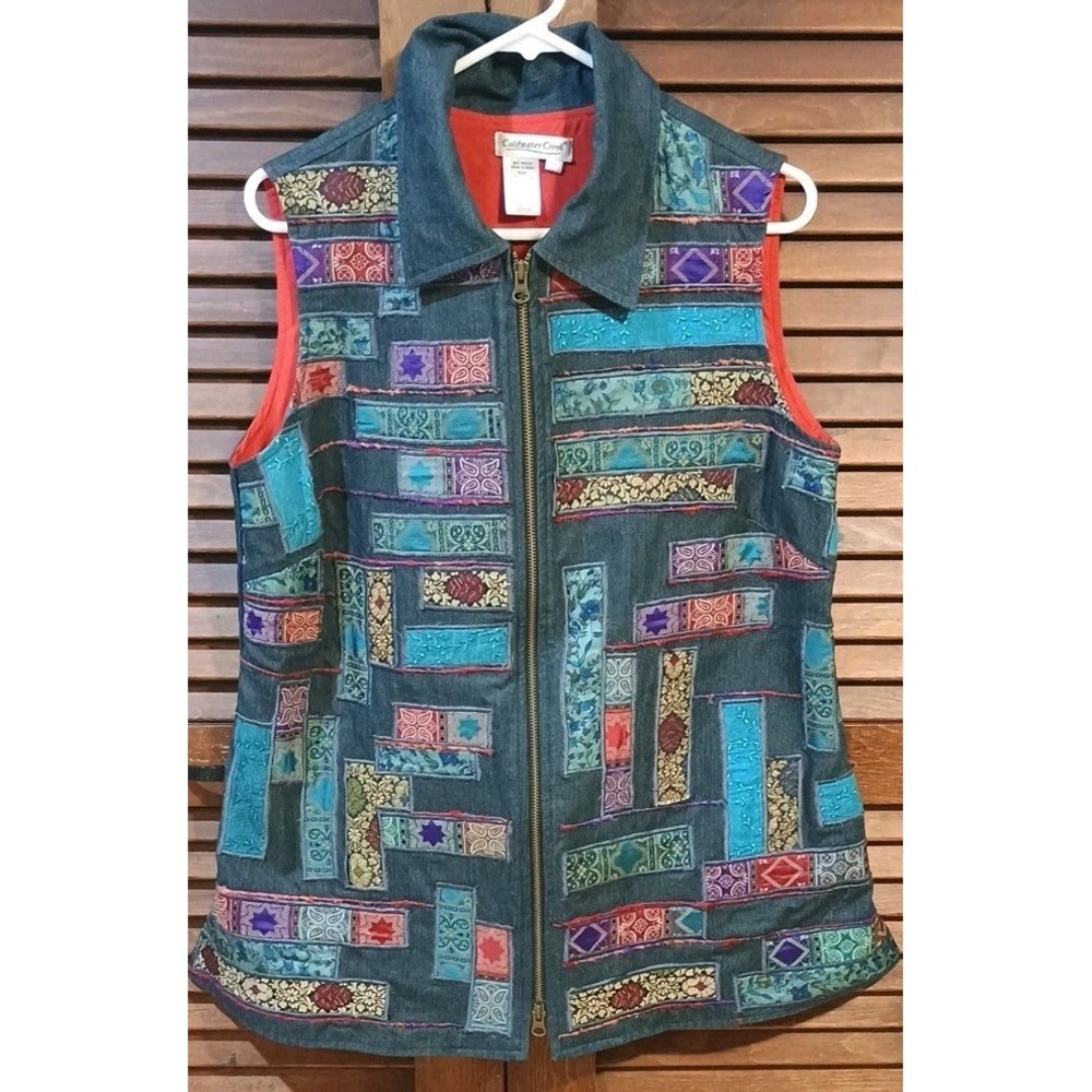 Vintage Coldwater Creek Denim Tapestry Colored Vest Women's 1X  Multi-Color‎